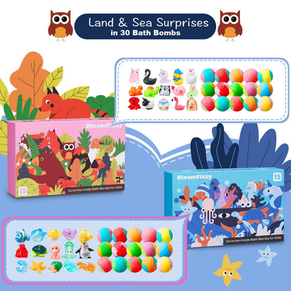 30 Kids Bath Bombs with Surprise Inside – Gift Set with 30 Unique Land & Sea Animal Toys, Fun, Educational, and Child-Safe Natural Bath Bombs with Toys, Great Gift for Kids’ Birthdays & Summer Fun