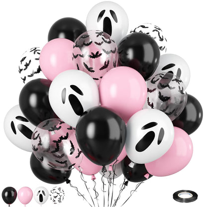 Biapian 60 Pcs Pink Halloween Balloons, 12 Inch Halloween Ghost Balloons Printed Pink and Black Latex Balloons Bat Confetti Balloons for Birthday BOO Happy Halloween Party Decorations Indoor Outdoor