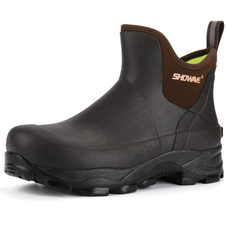 Showave Men's Rubber Boots Waterproof Rain Footwear Durable Short Hunting Boots for Mud Gardening Yard and Chore Working (Size 9,Brown)