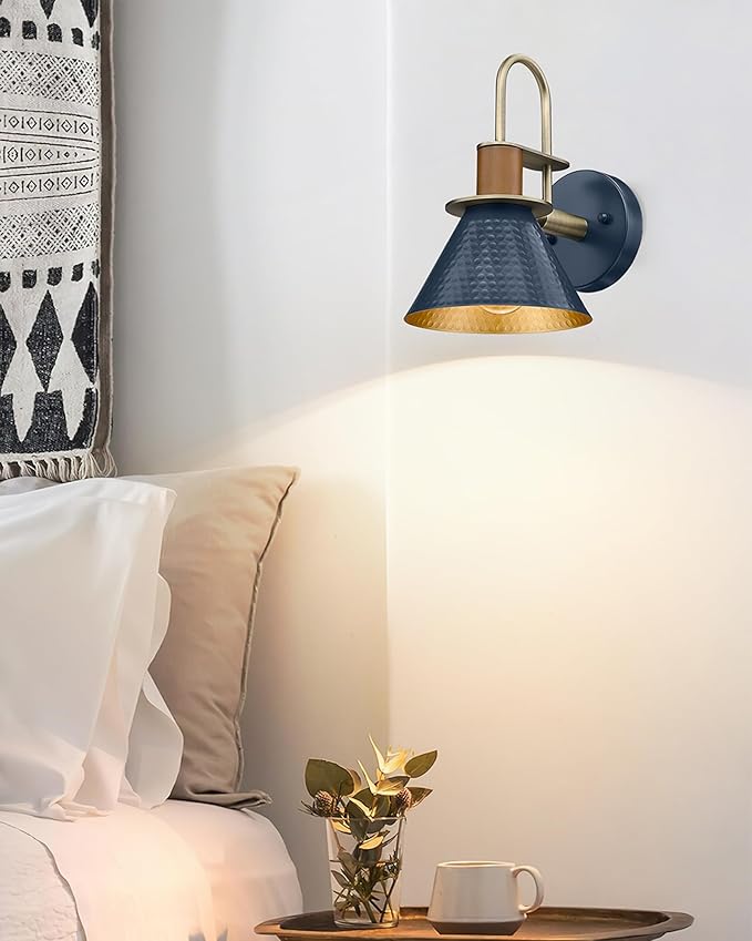 Rustic Wall Sconces Set of Two, HWH Indoor Wall Sconce 1-Light Barn Vanity Light, Gooseneck Barn Wall Lamp for Bathroom Bedroom Kitchen, Hammered Metal Shade, Navy Blue Finish, 5HZG74B-2L BL+BG