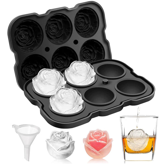 Ice Cube Tray, Mikiwon 2 inch Rose Ice Cube Trays With Covers, 6 Cavity Silicone Rose Ice Ball Maker, Easy Release Large Ice Cube Form for Chilled Cocktails, Whiskey, Bourbon & Homemade Juice Black