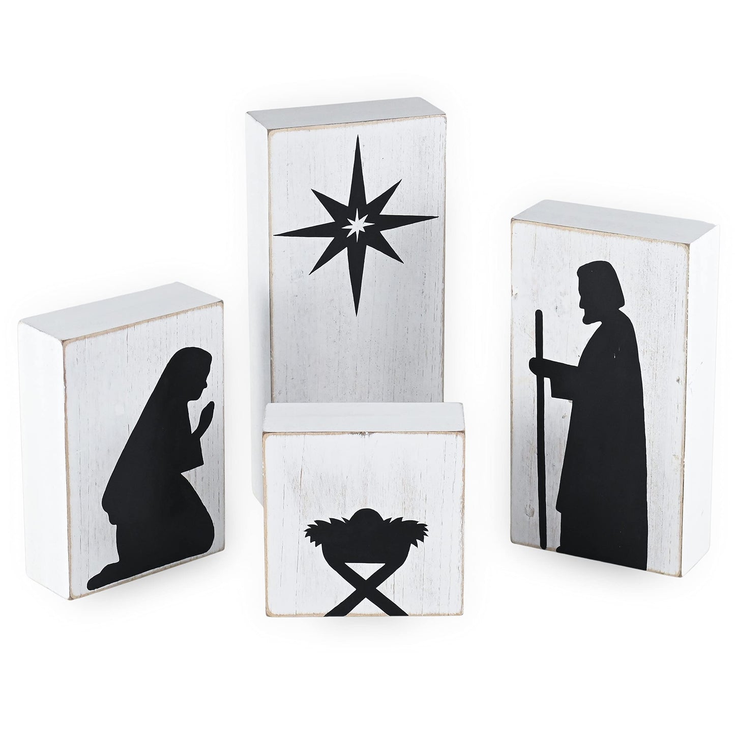 Ornativity Wooden Block Nativity Scene - Black Xmas Silhouette Christmas Figures on White Painted Wood Blocks Indoor Nativity Table Top Shelf Sitter Mantle Centerpiece Set Decorations - 1 Set