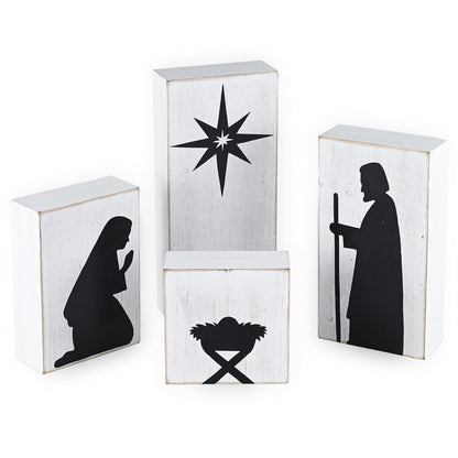 Ornativity Wooden Block Nativity Scene - Black Xmas Silhouette Christmas Figures on White Painted Wood Blocks Indoor Nativity Table Top Shelf Sitter Mantle Centerpiece Set Decorations - 1 Set