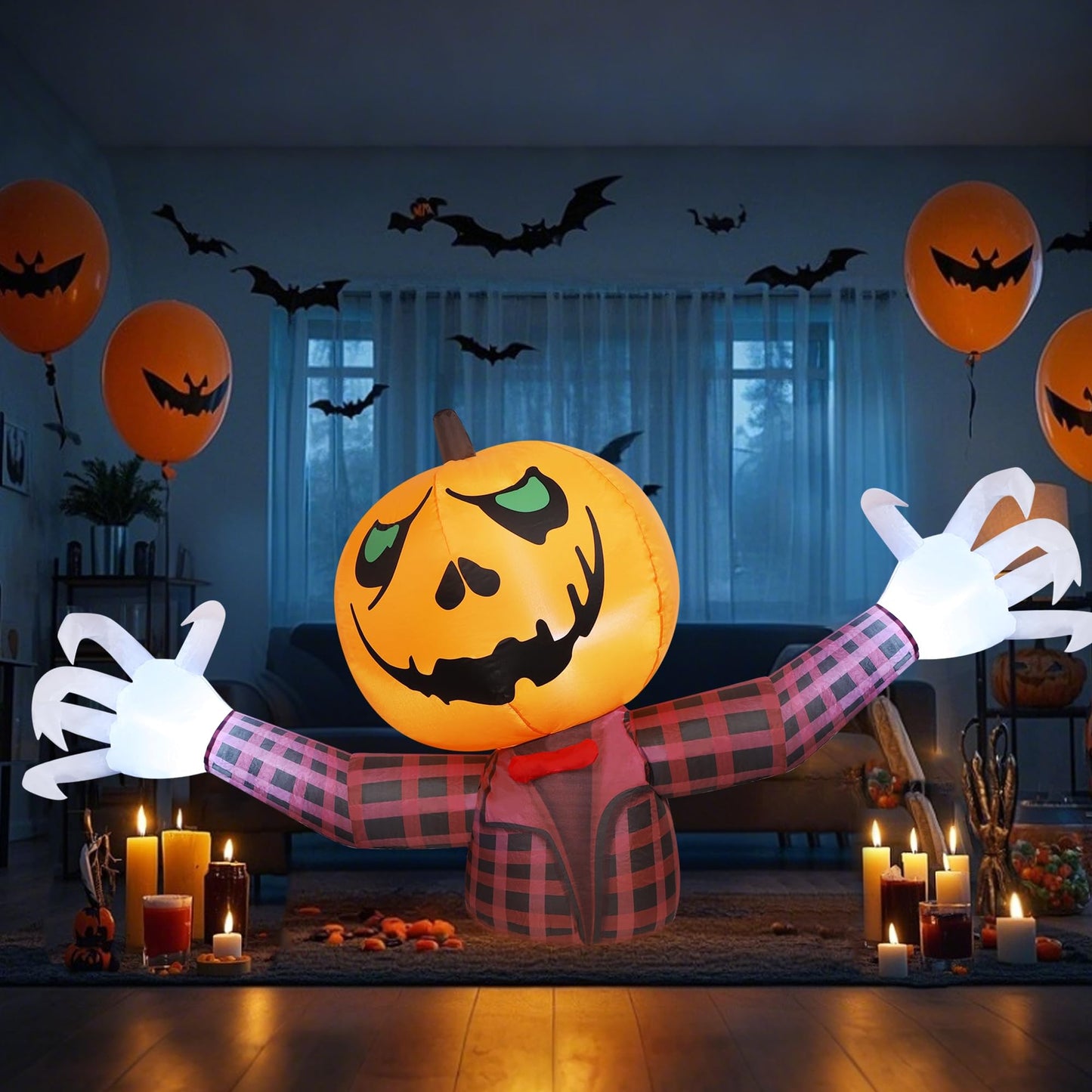 Youngfan 7FT Long Halloween Inflatable Outdoor Decorations, Giant Pumpkin Ghost Blow Up for Yard, Porch, Lawn & Garden, Spooky LED Lighted Halloween Inflatables Decor