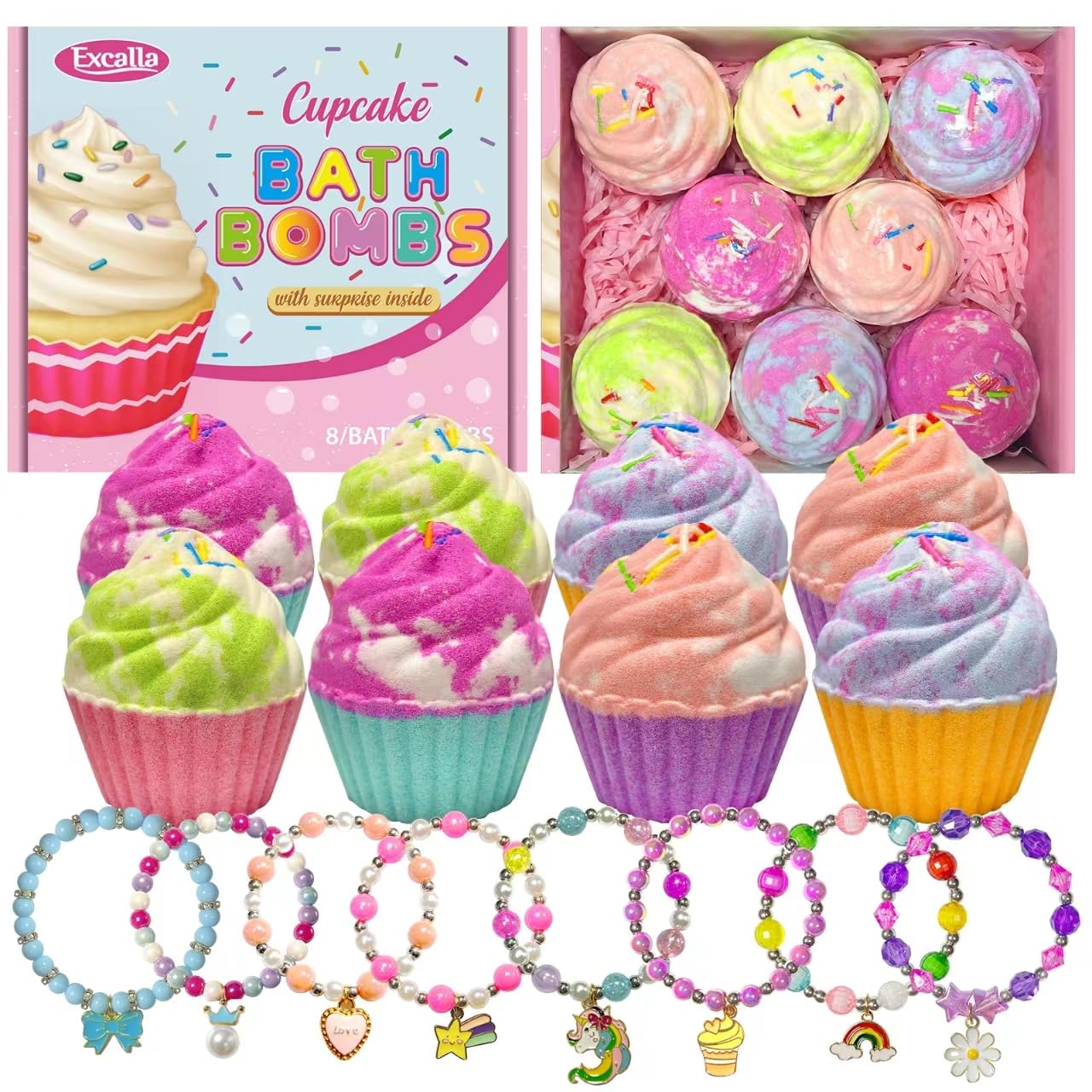 Bath Bombs for Kids with Surprise Jewelry Inside, 8 Cupcake Bath Bombs for Girls Gift Set, Handmade Fizzes Balls with Rich Bubble Bath, Ideal for Chrildren Birthday Christmas