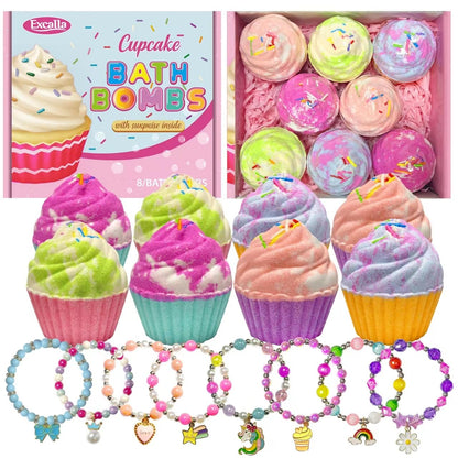 Bath Bombs for Kids with Surprise Jewelry Inside, 8 Cupcake Bath Bombs for Girls Gift Set, Handmade Fizzes Balls with Rich Bubble Bath, Ideal for Chrildren Birthday Christmas
