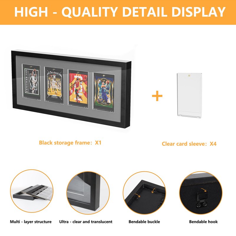 Neetbu 4 Grids Lockable Wall Mount Display Case for Baseball/Sports Cards Collectibles UV Protected Dustproof Frame with Clear Acrylic Design, Ideal for Hockey Trading Cards (Black)