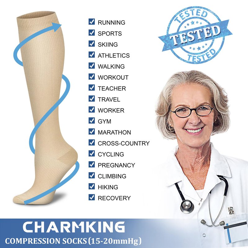 CHARMKING Compression Socks for Women & Men (8 Pairs) 15-20 mmHg Graduated Copper Support Calf Socks are Best for Pregnant, Nurses - Boost Performance, Circulation, Knee High Wide Calf(S/M, Multi 52)