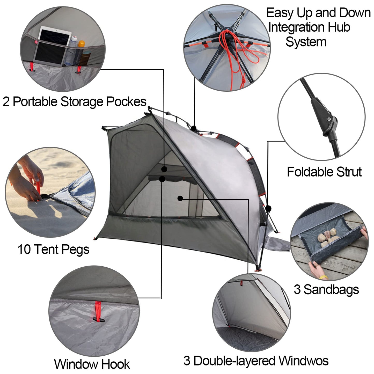 apollo walker Beach Tent Sun Shelter 3-4 Person Easy Setup Portable Sunshade Canopy Large,Extended Floor,Stakes,Sand Pockets,UPF 50+ Waterproof Windproof Outdoor Camping Fishing Picnic
