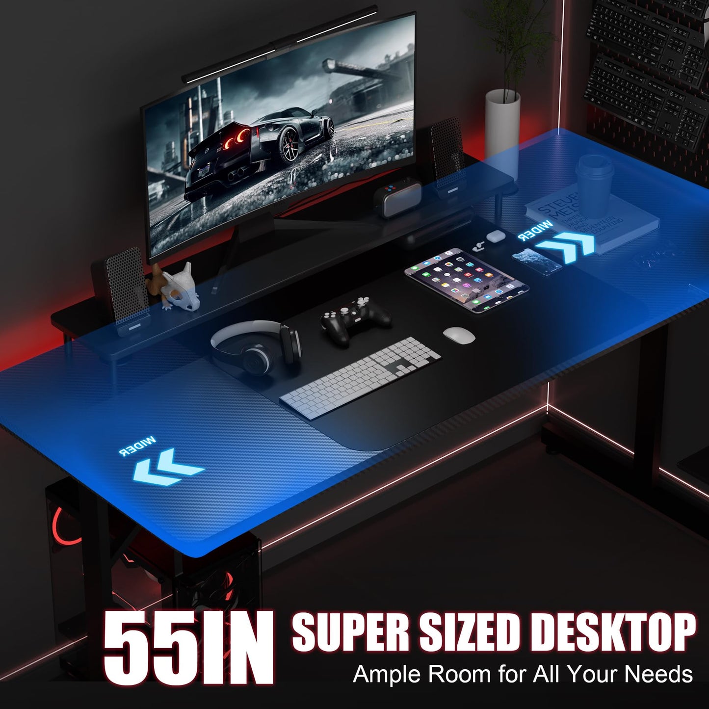 GTRACING 55 Inch Gaming Desk with LED Lights, Large Computer Desk with Mouse Pad for Home Office, T-Shaped Carbon Fibre Surface PC Game Workstations with Headphone Hook