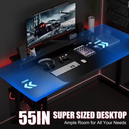GTRACING 55 Inch Gaming Desk with LED Lights, Large Computer Desk with Mouse Pad for Home Office, T-Shaped Carbon Fibre Surface PC Game Workstations with Headphone Hook