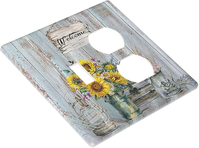 Decorative Light Switch Cover Plate Country Flower Vintage Wood Board Sunflower Butterfly 2 Gang Outlet Covers 1 Toggle 1 Duplex Wall Plate Decorate Electrical Switch Plate Covers for Bathroom Home