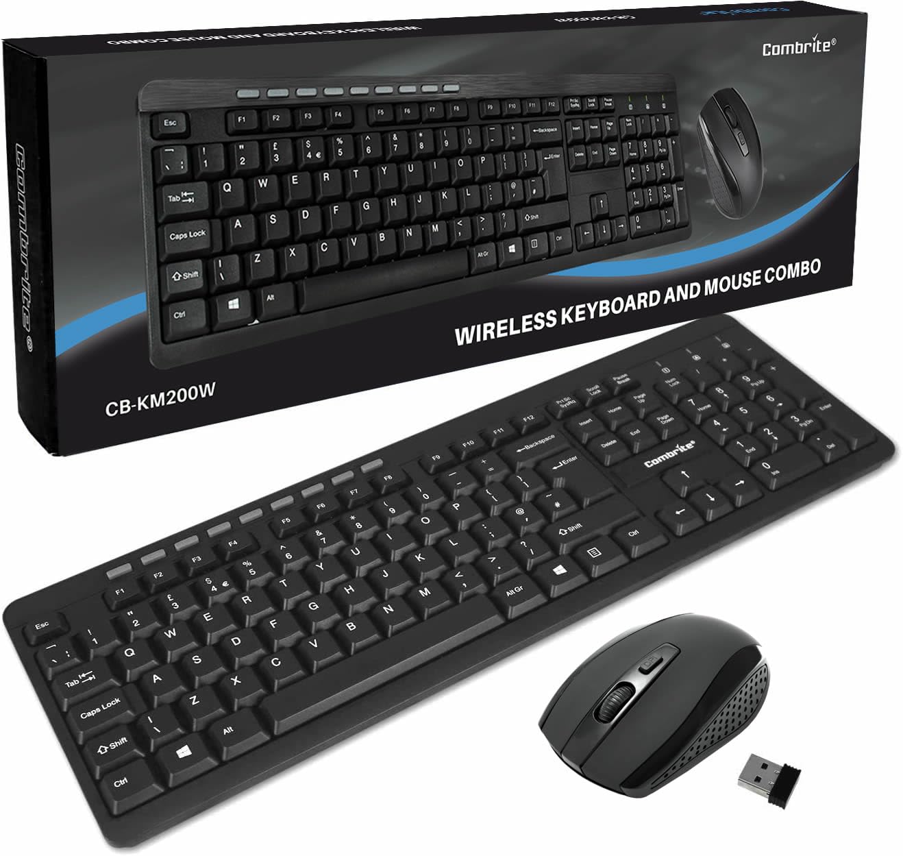 Combrite Wireless Keyboard And Mouse Set, Ergonomic 2.4Ghz Cordless, Slim Multi-Media Shortcut Keyboard, Comfort Wireless Optical Mouse Adjustable DPI, English UK Layout (KM200W)