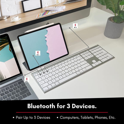 Macally Wireless Bluetooth Keyboard for Mac - Compatible Apple Keyboard or MacBook Pro/Air, iMac - Multi-Device, Up to 3 Devices with 110 Keys, 20 Shortcuts, Numeric Keypad, and Rechargeable - Silver