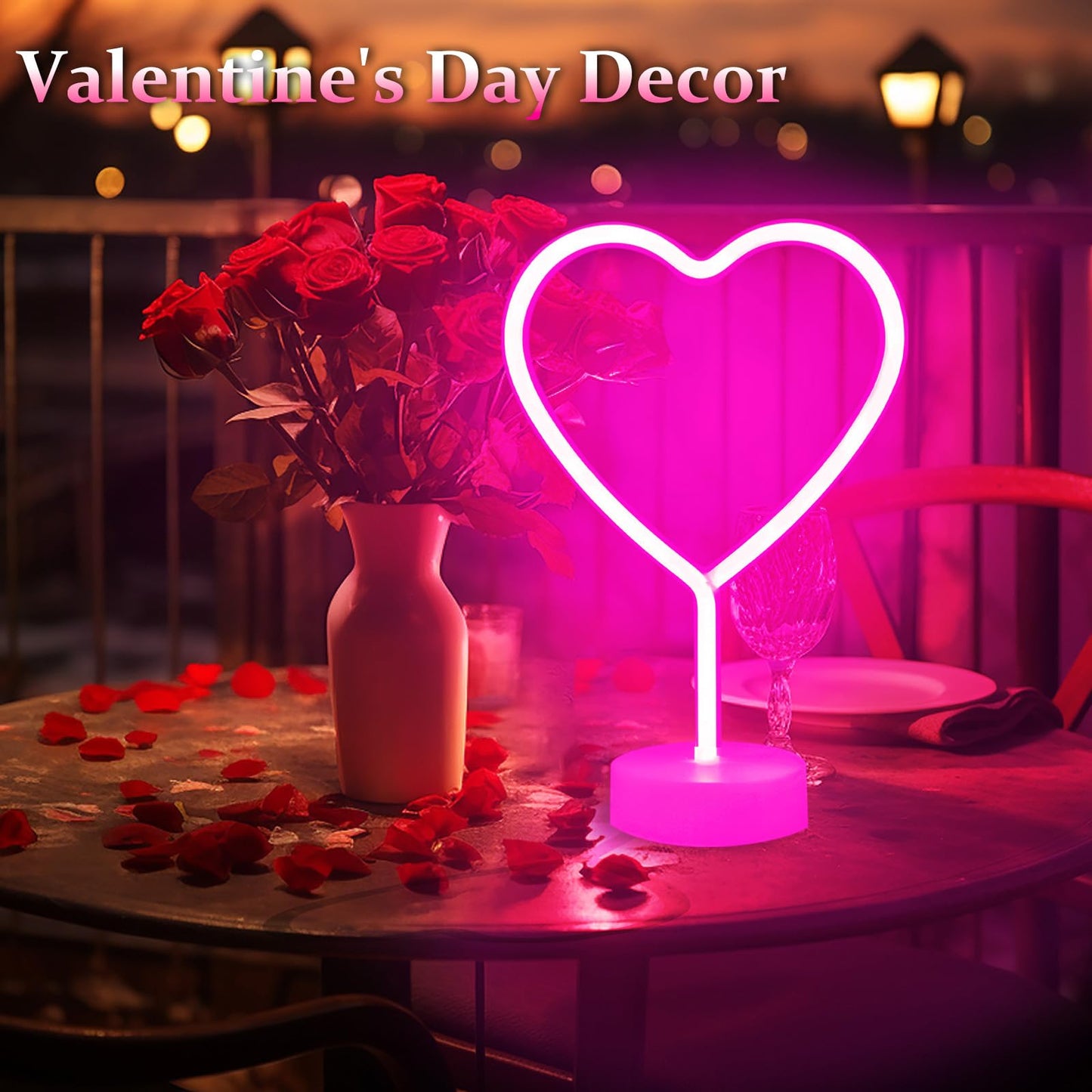 BHCLIGHT Pink Heart Neon Sign, Valentines Day LED Neon Light Battery Operated or USB Powered Valentines Pink Heart Lights, Table Lamp for Galentines Day Decorations, Wedding, Gifts for Women, Lover