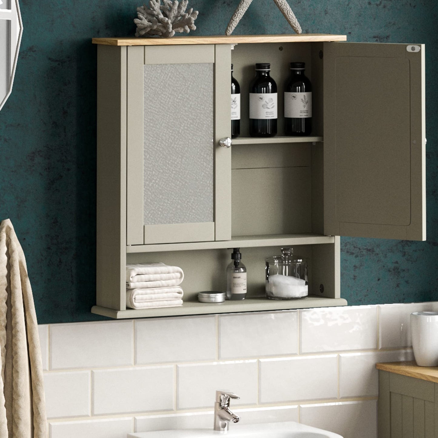 Bath Vida Priano Double Door Bathroom Cabinet, Wood, Grey & Oak, Mirrored Wall Mounted Storage Furniture