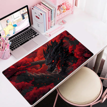 Huge Dragon Large Mouse Pad - Red and Black Mousepad, Big Full Keyboard and Mouse Pad with Stitched Edges, Anti-Slip, Funny Desk Pad, 31.5 X 15.8 in.