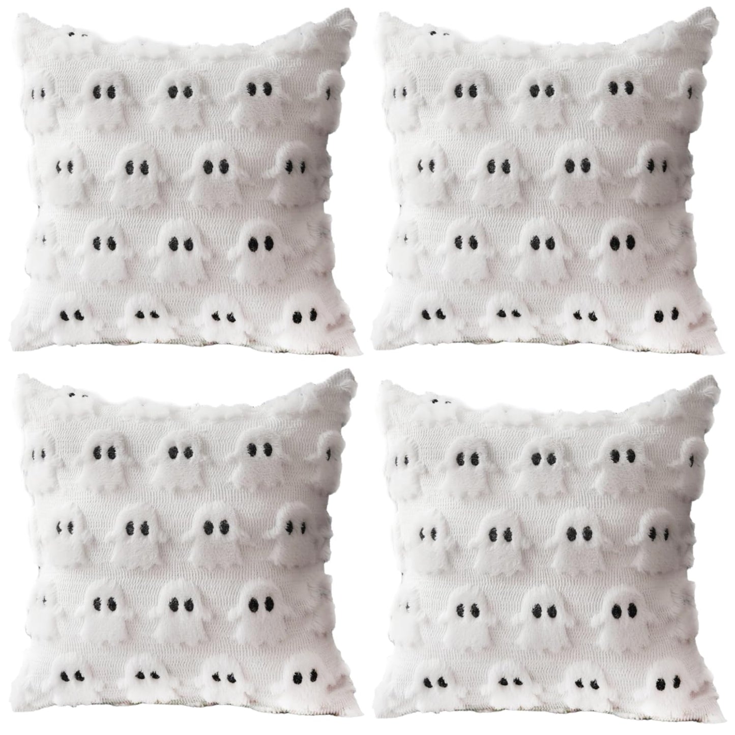 4 Pcs Halloween Throw Pillow Covers 18x18, Soft Faux Fur Pillow Cases Decorations, Fluffy Plush Accent Couch Cushion Case for Halloween Chair Sofa Bedroom Living Room Home Decor(Ghost B)