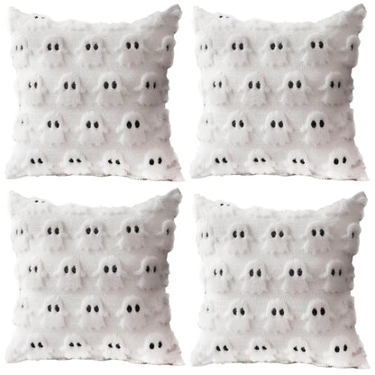 4 Pcs Halloween Throw Pillow Covers 18x18, Soft Faux Fur Pillow Cases Decorations, Fluffy Plush Accent Couch Cushion Case for Halloween Chair Sofa Bedroom Living Room Home Decor(Ghost B)