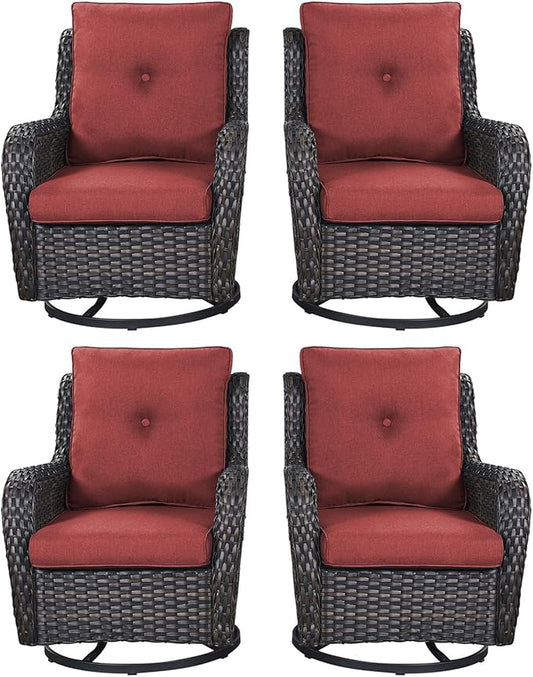 Rilyson Patio Chairs Wicker Outdoor Chair - 4 Piece Rattan Swivel Rocking Chairs Set Patio Glider Rocker Chair for Porch Deck Garden Backyard(Brown/Red)