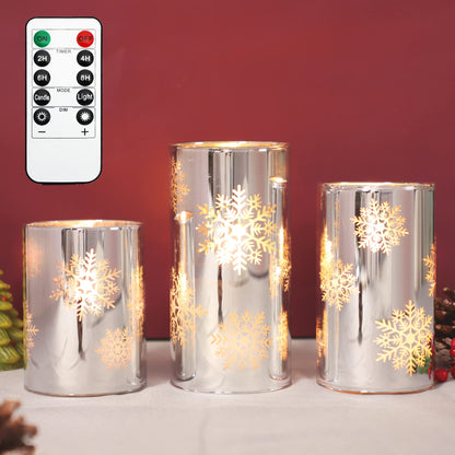 GORGE MOMENT Flameless Candles with Remote, Christmas Holiday LED Flickering Candles, Snowflake Candle Glass, Battery Operated, Xmas Gift Decorations Bathroom Home Party Decor [x3]