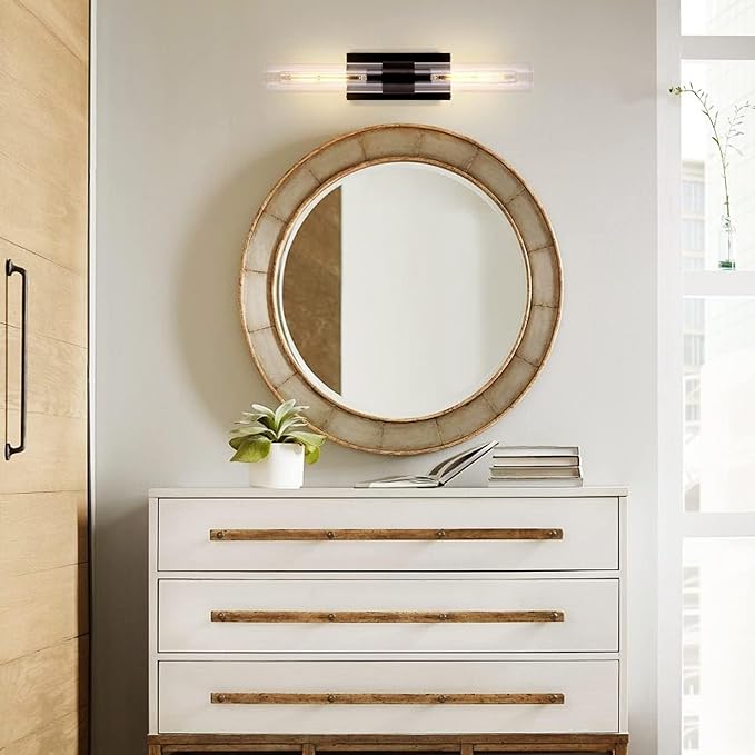 Bronze Vanity Light Sconce, 2-Light Bathroom Wall Sconce Over Mirror, Black Vanity Lights for Bathroom, Dimmable Wall Sconces with Glass Tube, Indoor Linear Wall Sconce for vertical and horizontal