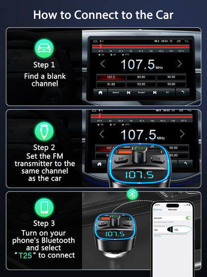 ORIA Bluetooth 5.3 FM Transmitter for Car, Bluetooth Car Music Wireless Radio Adapter, Universal Car Charger with Dual USB Charging, Support TF Card & USB Disk (USB-C Converter Included)