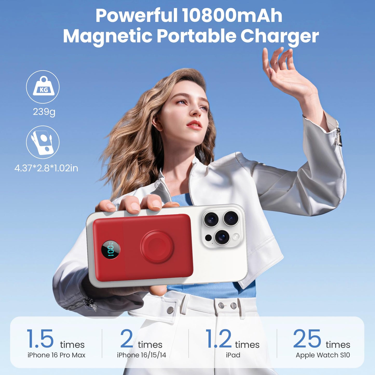 Magnetic Portable Charger 10800mAh for iPhone with Built-in Cables, 6-in-1 Wireless Power Bank with iWatch Charger, LCD Display 25W PD Fast Charging Battery Pack for iPhone 16/15/14/13/12, Apple Watch
