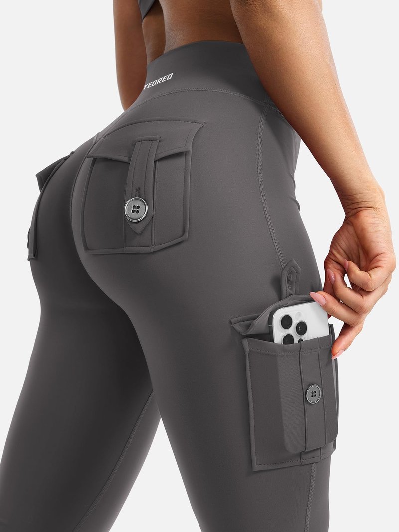 YEOREO CoreFlex Women Workout Flare Leggings with Pockets Hidden Scrunch High Waisted Cargo Gym Yoga No Front Seam Leggings Dark Grey XS