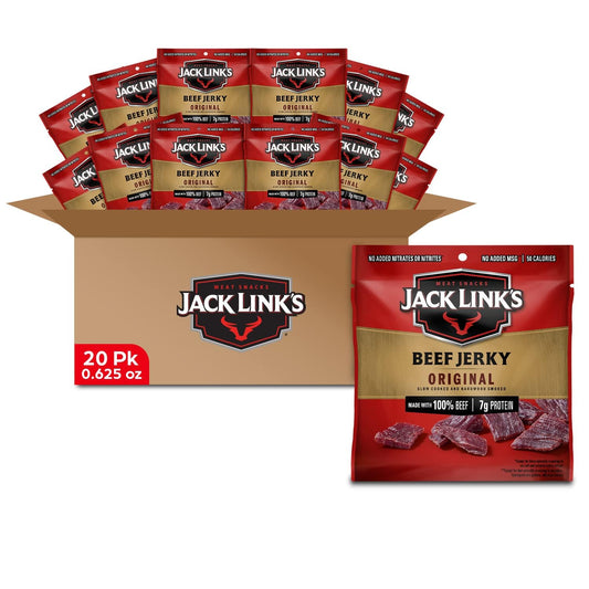 Jack Link's Beef Jerky, Original, Multipack Bags - Flavorful Meat Snacks for Lunches, Ready to Eat Protein Snacks, Individual Packs - 7g of Protein, Made with 100% Beef - 0.625 oz (Pack of 20)