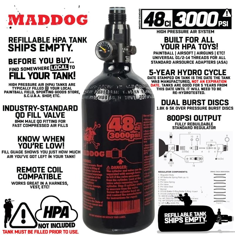 Maddog 48/3000 Aluminum Compressed Air HPA Paintball Tank with Regulator - Airgun Airsoft PCP - Fresh Hydro Date - Ships Empty - Single - Refillable
