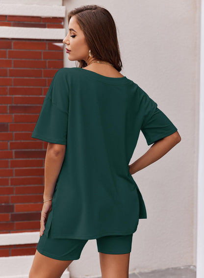 Ekouaer Womens Pajamas 2 Piece Lounge Sets Oversized V Neck T-Shirts Tops Biker Shorts Set Workout Reversible Tracksuit Lake Green, Large