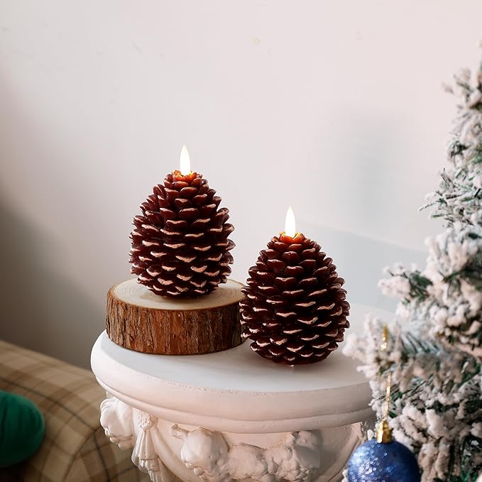 Christmas Flameless Pinecone Candles with Remote,Real Wax Battery Operated Candles, Flickering Led Pine Cone Candle for Xmas Holiday Winter Home Decoraction, 2 Pack