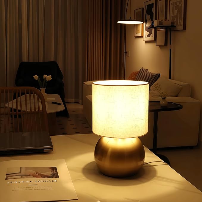 Modern Small Table Lamp Set of 2, Minimalist Nightstand Bedside Lamps with One-Button Inline Switch, 10.4 Inch Desk Light for Bedroom, Living Room,Including Light Bulb（Golden）