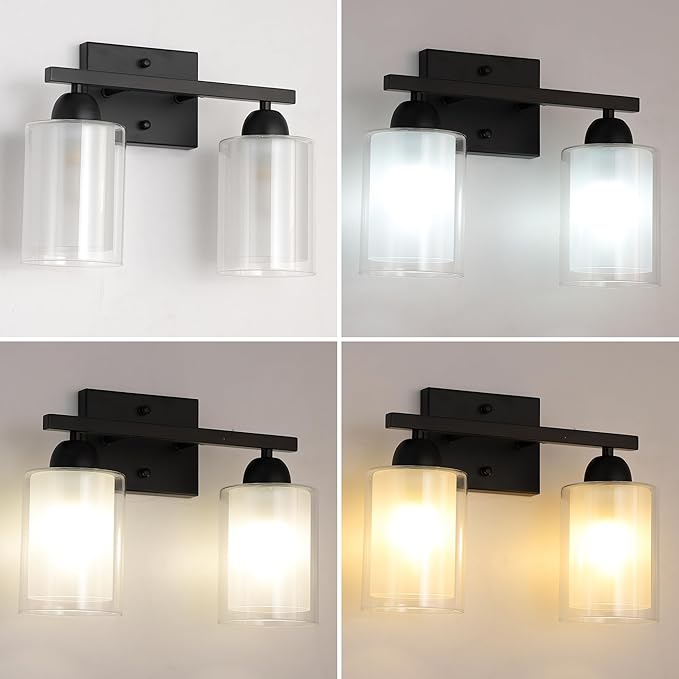 Matte Black Bathroom Vanity Light Over Mirror, 2 Light Bathroom Light Fixtures with Milk Glass and Clear Glass Shades, Modern Vanity Lighting Wall Mount
