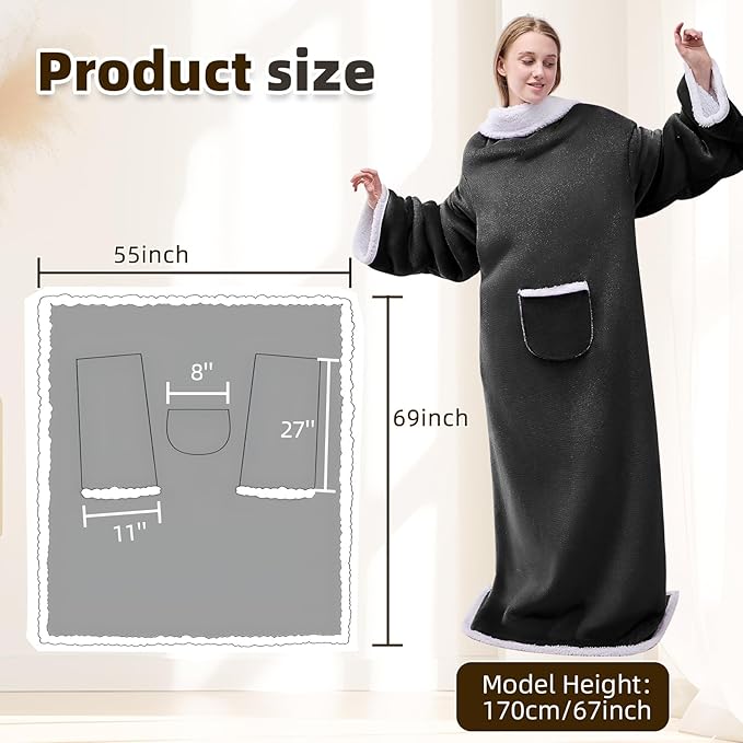 IFNOW Sherpa Wearable Blanket with Sleeves for Women Men Adults, Cozy Wearable Blanket with Arm and Pocket, Warm Full Body TV Wrap Throw Blanket, Soft Robe Blanket as Gifts for Mom Wife, Black