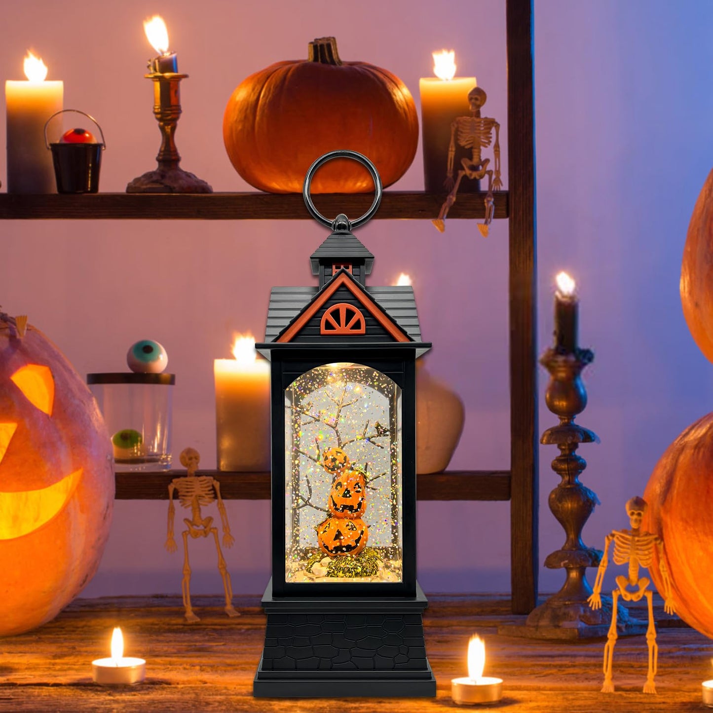 LSISOVO Halloween Snow Globe Lantern with 6 Hour Timer,Halloween Decorations Indoor for Home,Halloween Decor,USB or Battery Powered for Halloween Lanterns,Halloween Pumpkin Lantern