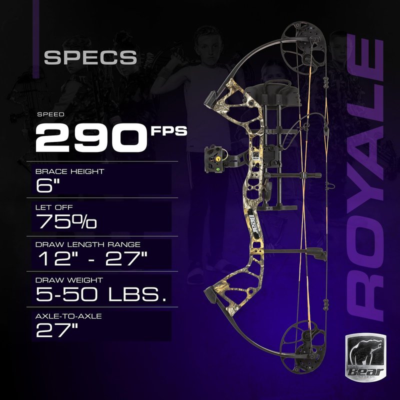 Bear Archery Royale RTH Compound Bow, Ready-to-Hunt Package, Right Handed Archers, 27" Bow, Adjustable Draw Weight 5-50lbs, Adjustable Draw Length 12"-27", Toxic