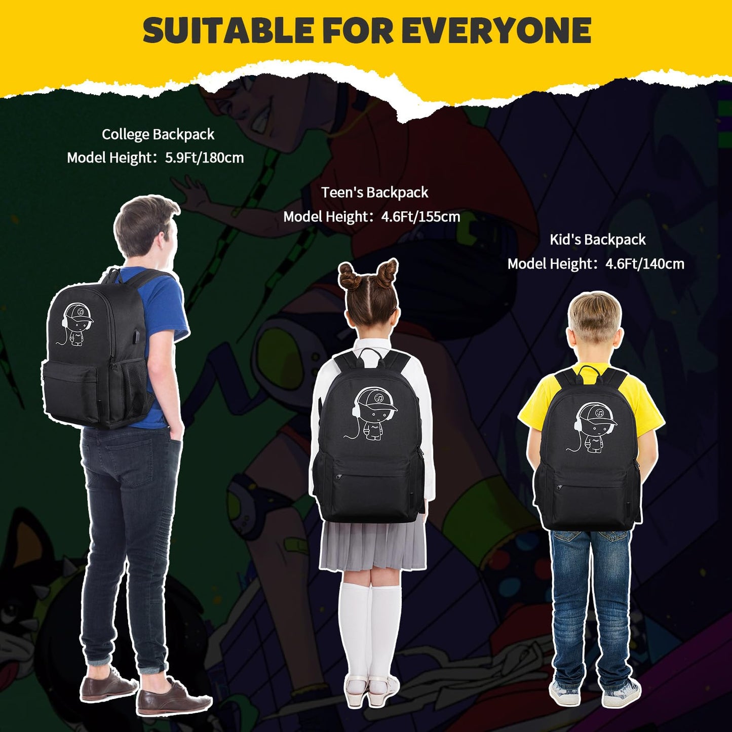 SAMIT Luminous School Bag Anime Backpack Boys Rucksack Cool Bookbag Laptop Backpack Lightweight Casual Daypacks with USB Charging Port and Pencil Case for Unisex Kids