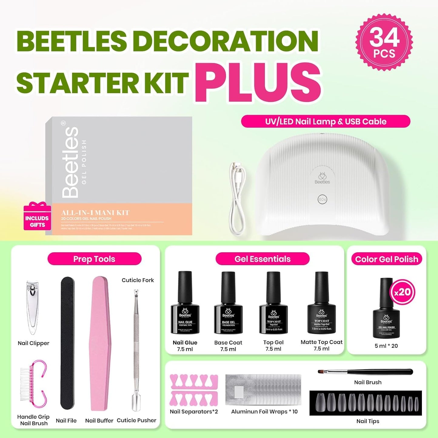 Beetles Gel Nail Polish Kit with U V Light -54 Pcs Gel Nail Kit Four Seasons Glow 32 Colors Set with Base Matte & Glossy Top Coat Soak Off Home DIY Manicure Nails Beginners Gifts for Women Teen Girls