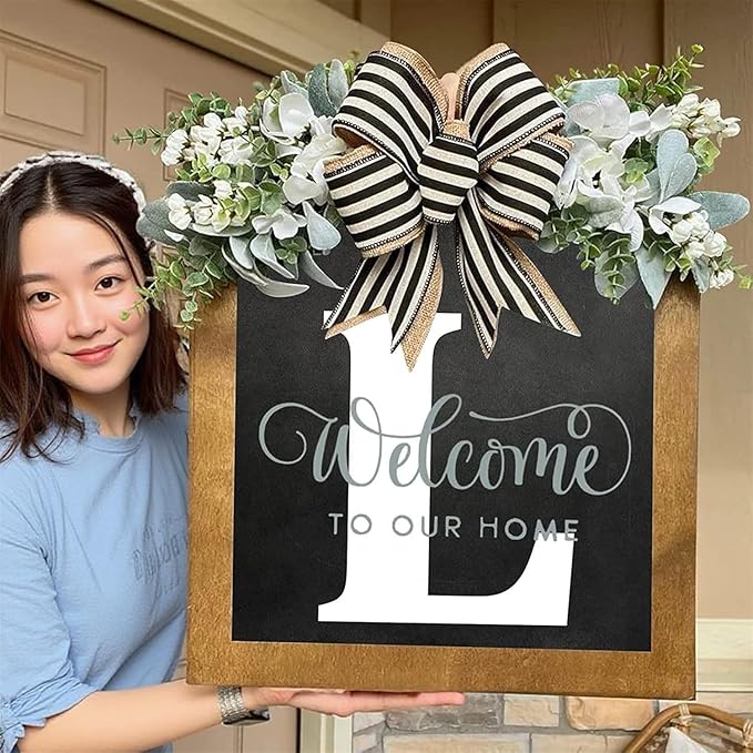 16'' Personalized Last Name Welcome Sign, Door Wreaths for Front Door Outside, Spring Wreath for Front Door Decor, Farmhouse New Home Gifts for Home (L)