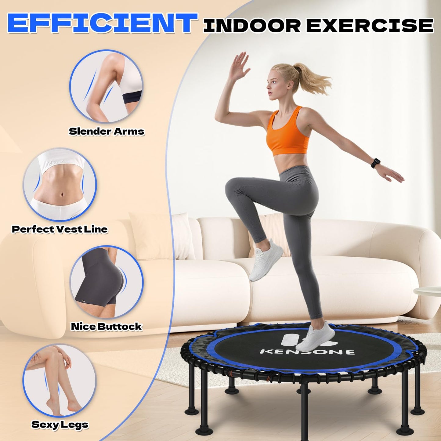K KENSONE 48" Foldable Rebounder Trampoline for Adults with Bungee, 550 LBS Quiet Indoor Mini Trampoline for Adults Fitness, Gym Workout, Home Exercise, Blue