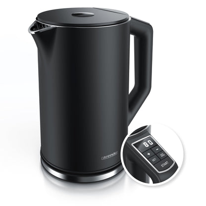 Arendo - Stainless Steel Kettle with Temperature Setting 40-100 Degrees in 5 Steps - Double Wall Design - Elegant Model - 1.5 Litre - 2200 W - Tea Maker with Temperature Display - GS - Black