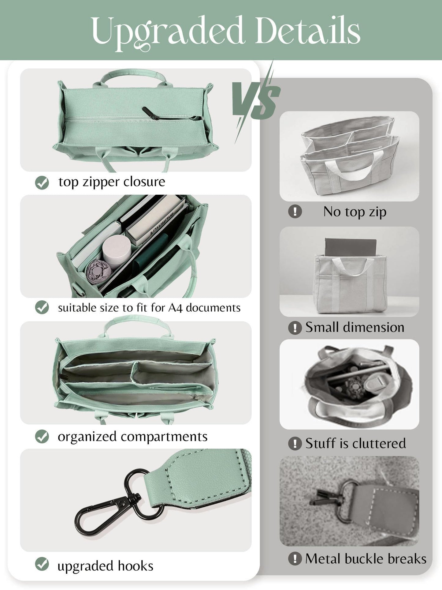 FIORETTO Canvas Tote Bag for Women with Zipper Closure & Individual Compartments for Work College, Crossbody Laptop Tote Purse Handbag with Detachable Strap & Bottom Support for Teacher & Nurse Green