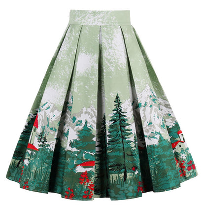 Dressever Women's Vintage A-line Printed Pleated Flared Midi Skirts Christmas Trees X Small