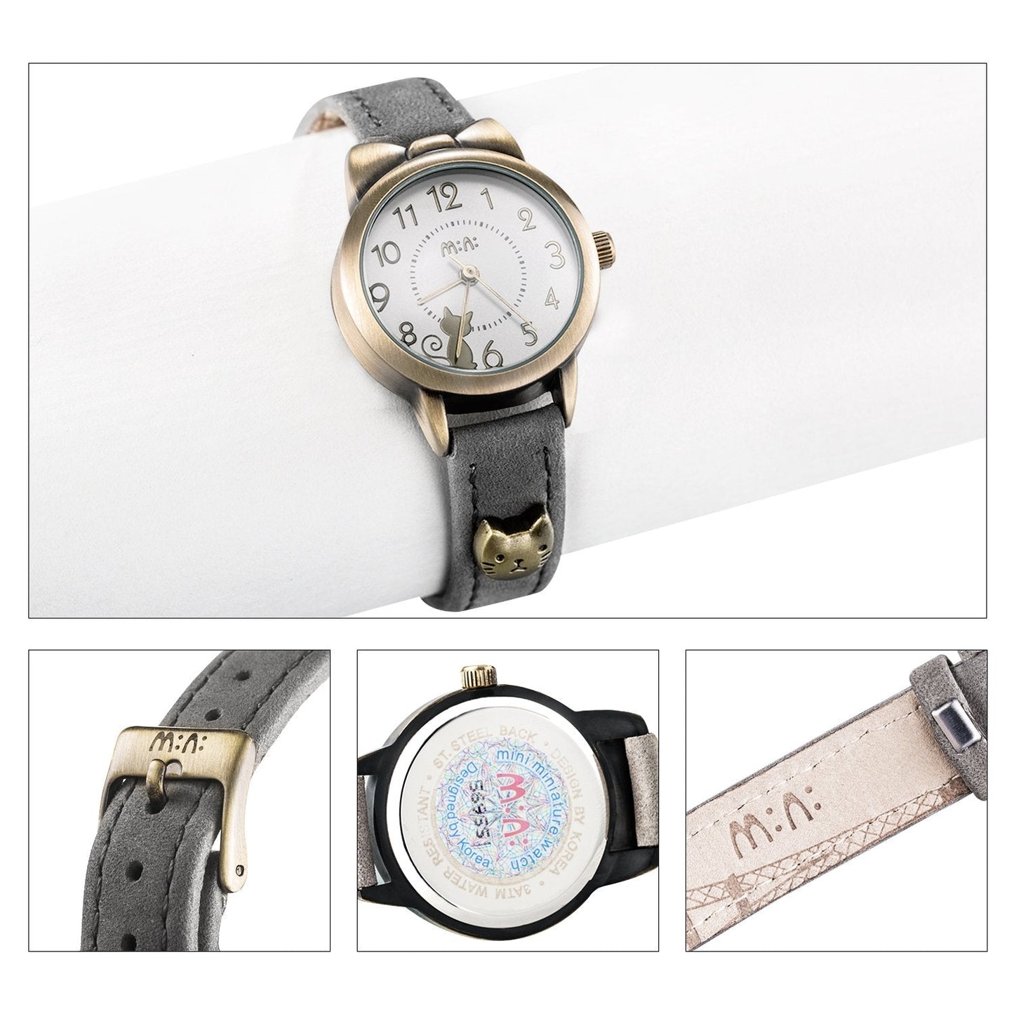 DREAMING Q&P Fq-234 Brown Leather Strap Bowknot Kitty Design Students Girls Woman Quartz Wrist Watches