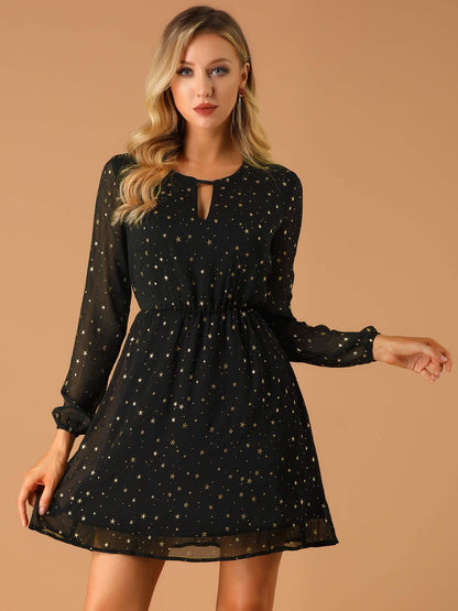 Allegra K Women's Choker V Neck Gilding Metallic Star Halloween Party Flared A-Line Dress Medium Black