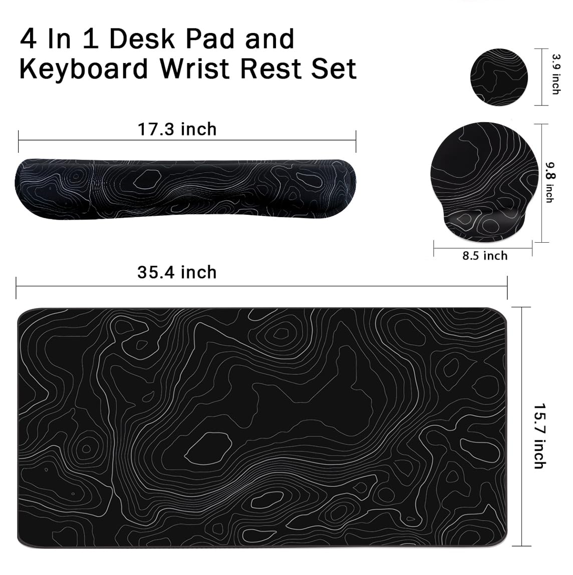 4-in-1 Gaming Mouse Pad Wrist Support Set，Desk Pad + Mouse Pad with Wrist Rest + Keyboard Wrist Rest + Coaster, Ergonomic Design for Home Office Study Game - Topographic Contour