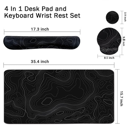 4-in-1 Gaming Mouse Pad Wrist Support Set，Desk Pad + Mouse Pad with Wrist Rest + Keyboard Wrist Rest + Coaster, Ergonomic Design for Home Office Study Game - Topographic Contour
