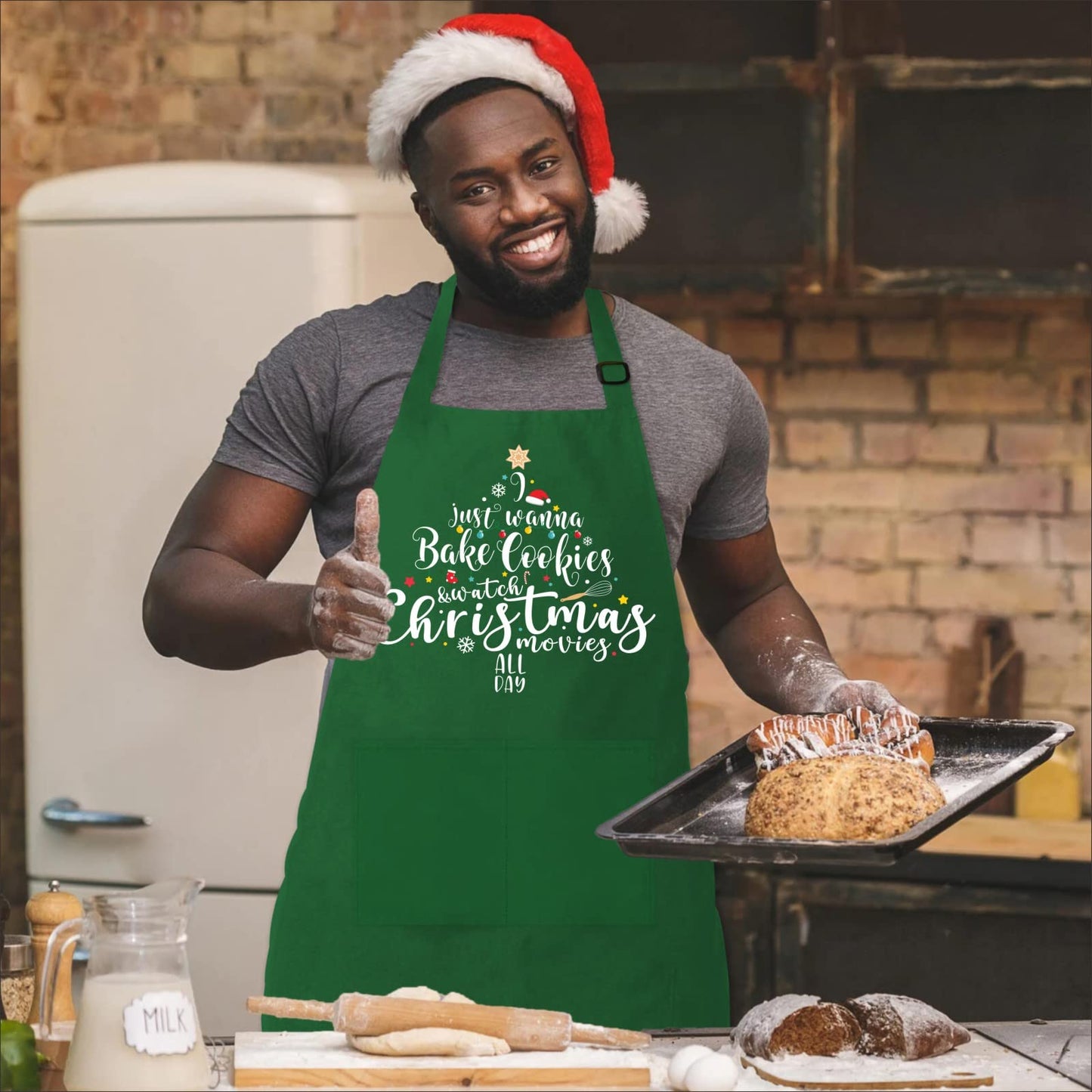 Funny Christmas Baking Apron for Women Men, Holiday Baking Gifts for Bakers, Green Xmas Kitchen Cooking Aprons with 2 Pockets, Cute Christmas Apron Gifts for Mom Wife Sister Husband Girlfriend